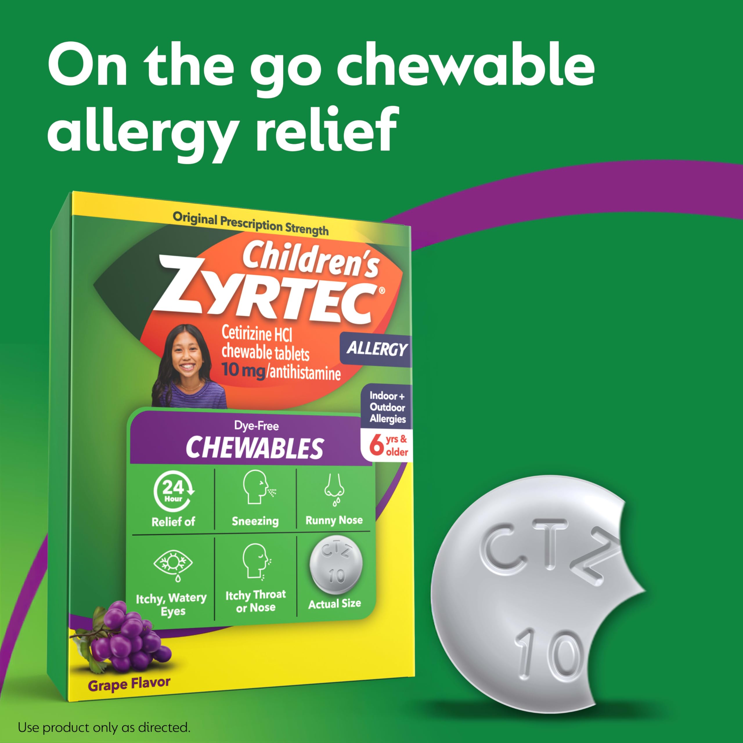 Zyrtec Children's Dye-Free Chewables for 24 Hour Allergy Relief, 10 mg Cetirizine Hydrochloride Antihistamine Tablets, Kids Allergy Medicine Relieves Sneezing & Itchy Throat, Grape, 24 ct