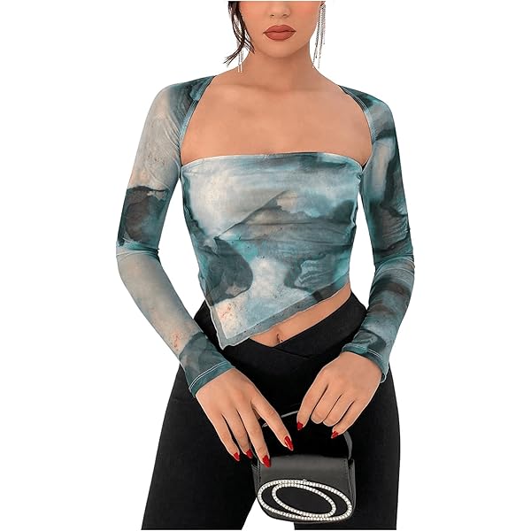 Milumia Women's Tie Dye Mesh Crop Top Square Neck Long