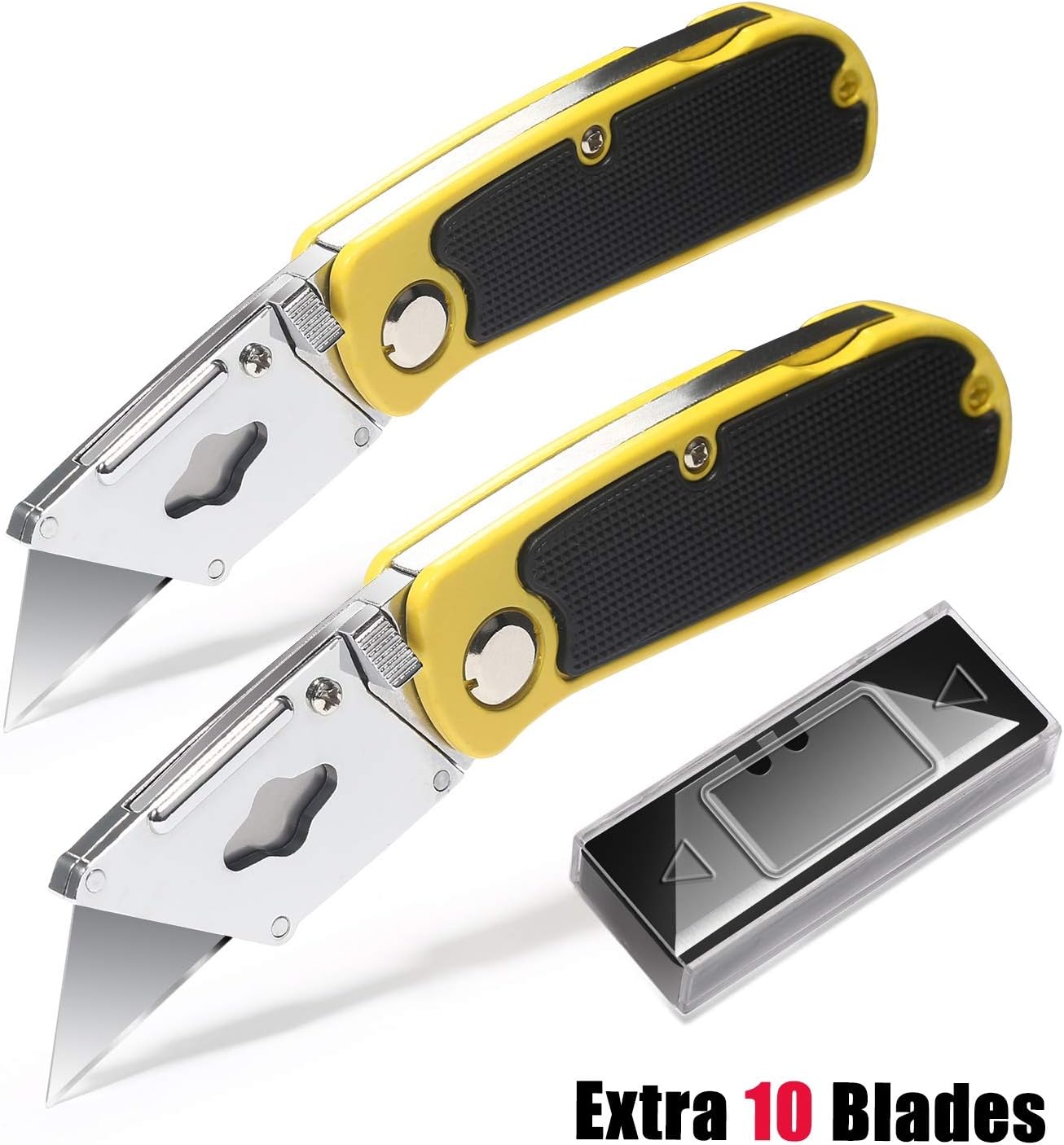 Goowin Box Cutter, 2 Pack Utility Knife, Heavy Duty Box Cutters with 10 Utility Knife Blades, Quick Change Box Butter Blades Lock-Back Design Folding Utility Knife (Yellow)