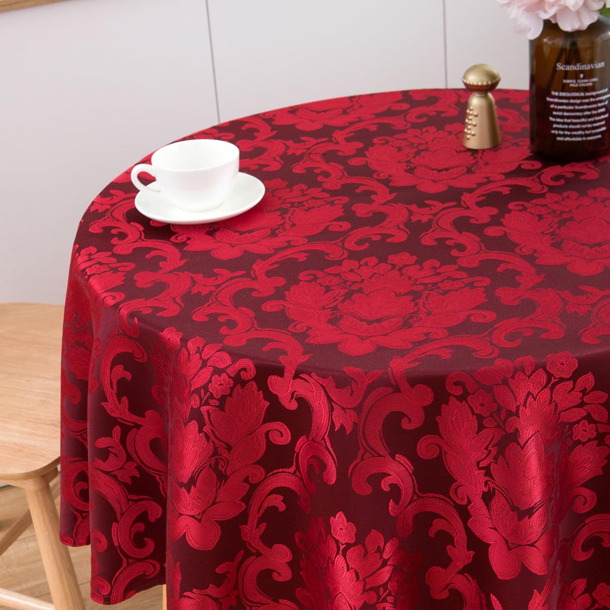 SPRICA Round Jacquard Tablecloth 200cm Classic Flower Pattern Thick Heavy Weight Soft Table Cover, Machine Washable, Burgundy