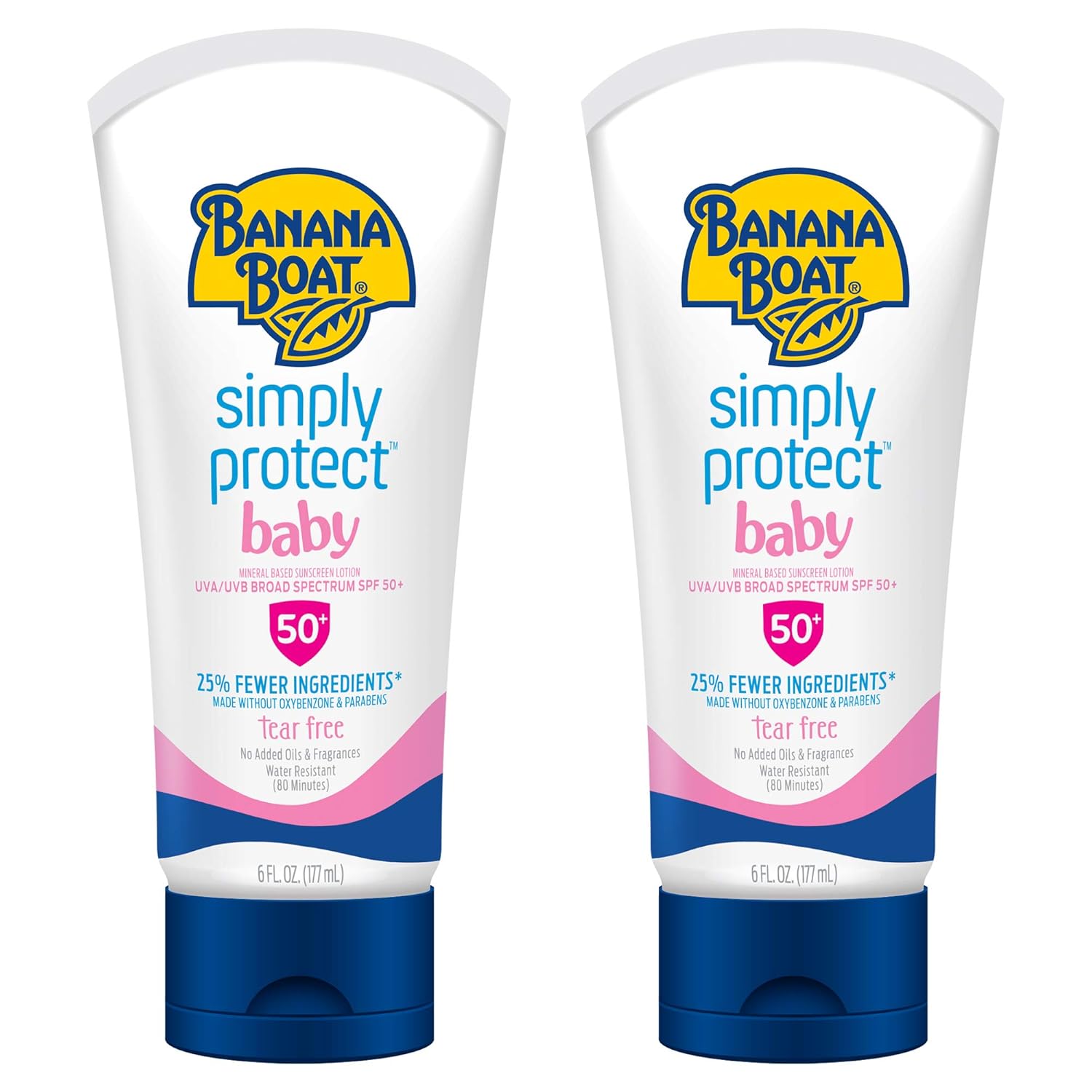 Banana Boat SPF 50 Broad Spectrum Sunscreen, Simply Protect Sunscreen Lotion for Baby, Tear Free, 25% Fewer Ingredients, 6 Ounce - Twin Pack