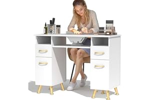 ELEVACHIC Manicure Table Nail Desk w/Electric Dust Collector and Two Dust Bag, Nail Table for Nails Tech, Includes Wrist Cushion,Storage Cabinet & Drawers, for Salon & Home, White