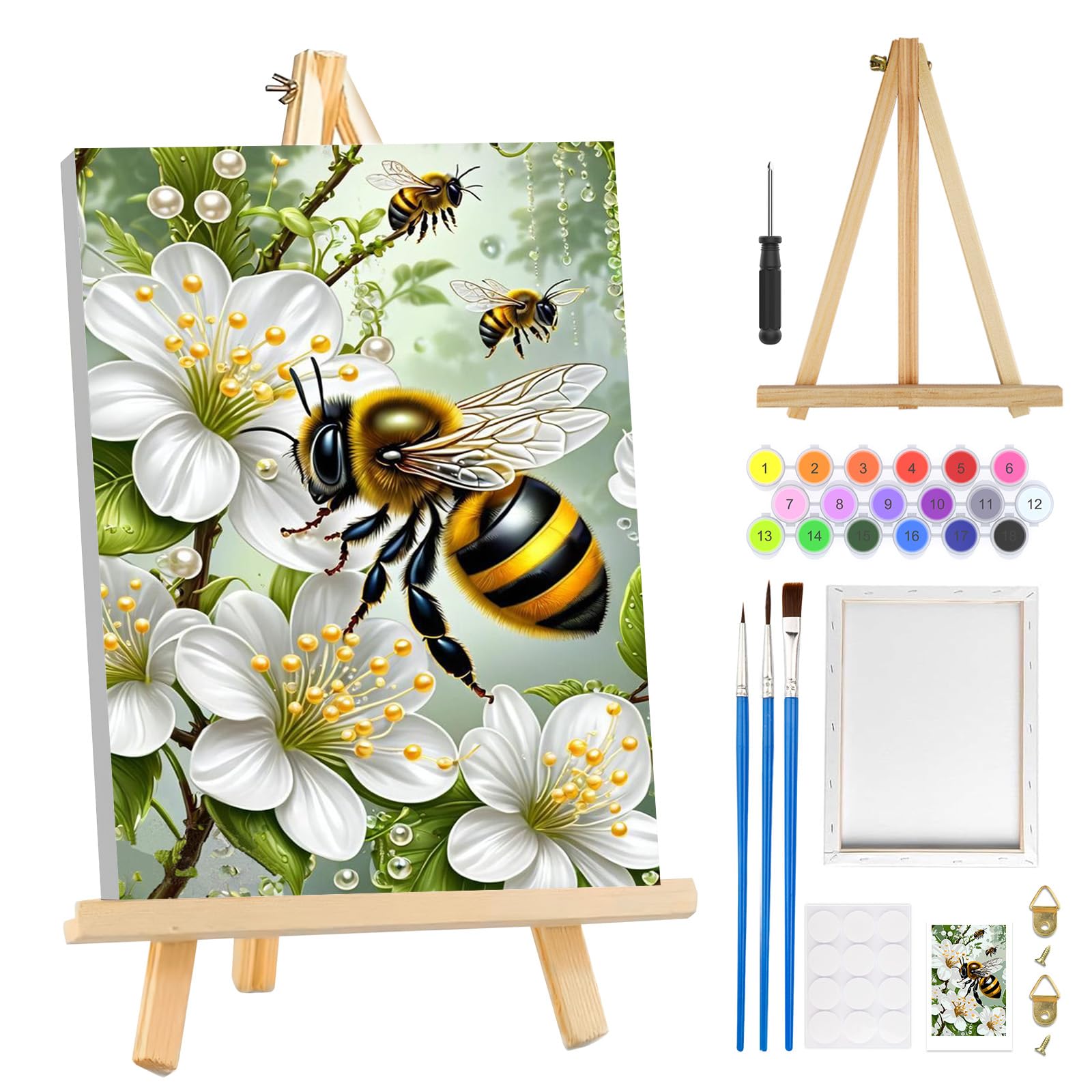 MOGTAA Framed Paint by Numbers for Adults Bees with Wooden Easel, Flowers Landscape Painting by Numbers for Adults on Canvas, DIY Acrylic Oil Painting Kits Art Crafts for Home Decor, 8x12in