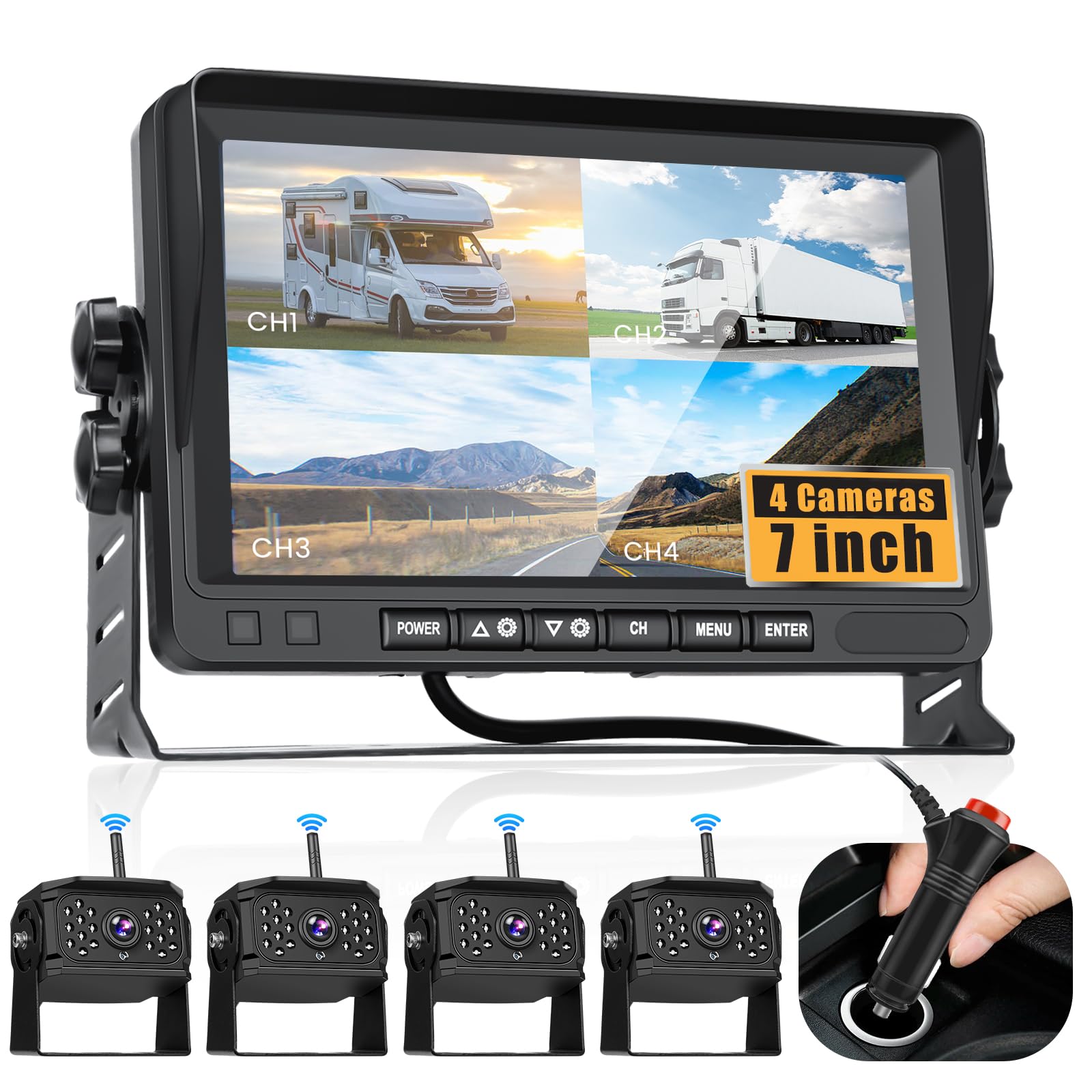 Photo 1 of Hikity Wireless Backup Camera System, HD 1080P 7 Inch Reverse Camera Monitor for 4 Channels, DVR Record, Waterproof, Night Vision, Front Rear View Camera for Truck/RV/Van/SUV/Pickup, Black