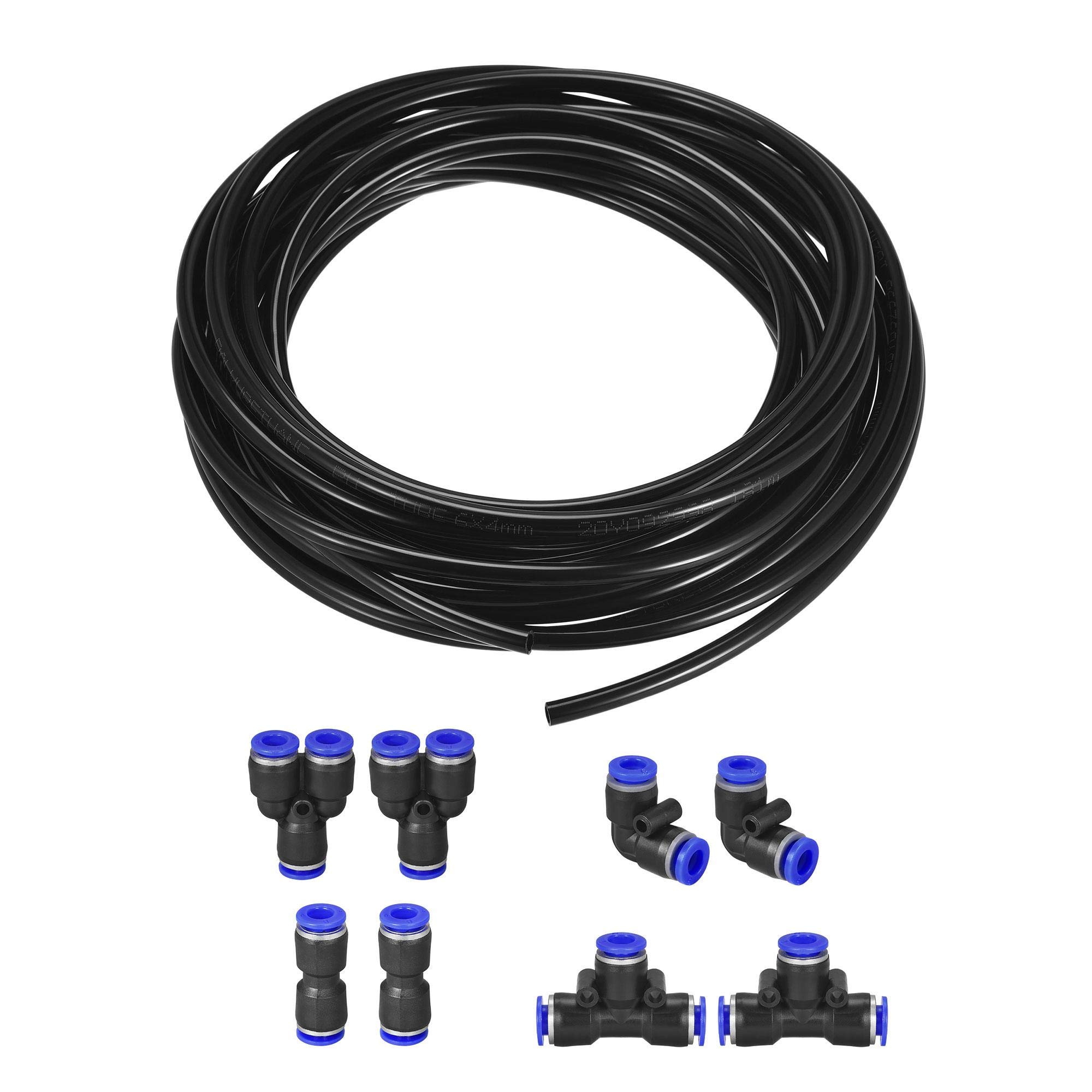 sourcing map Pneumatic Air Hose Tubing Air Compressor Tube 4mmID x 6mmOD x 10m Pipe Black with Connect Fitting Kit