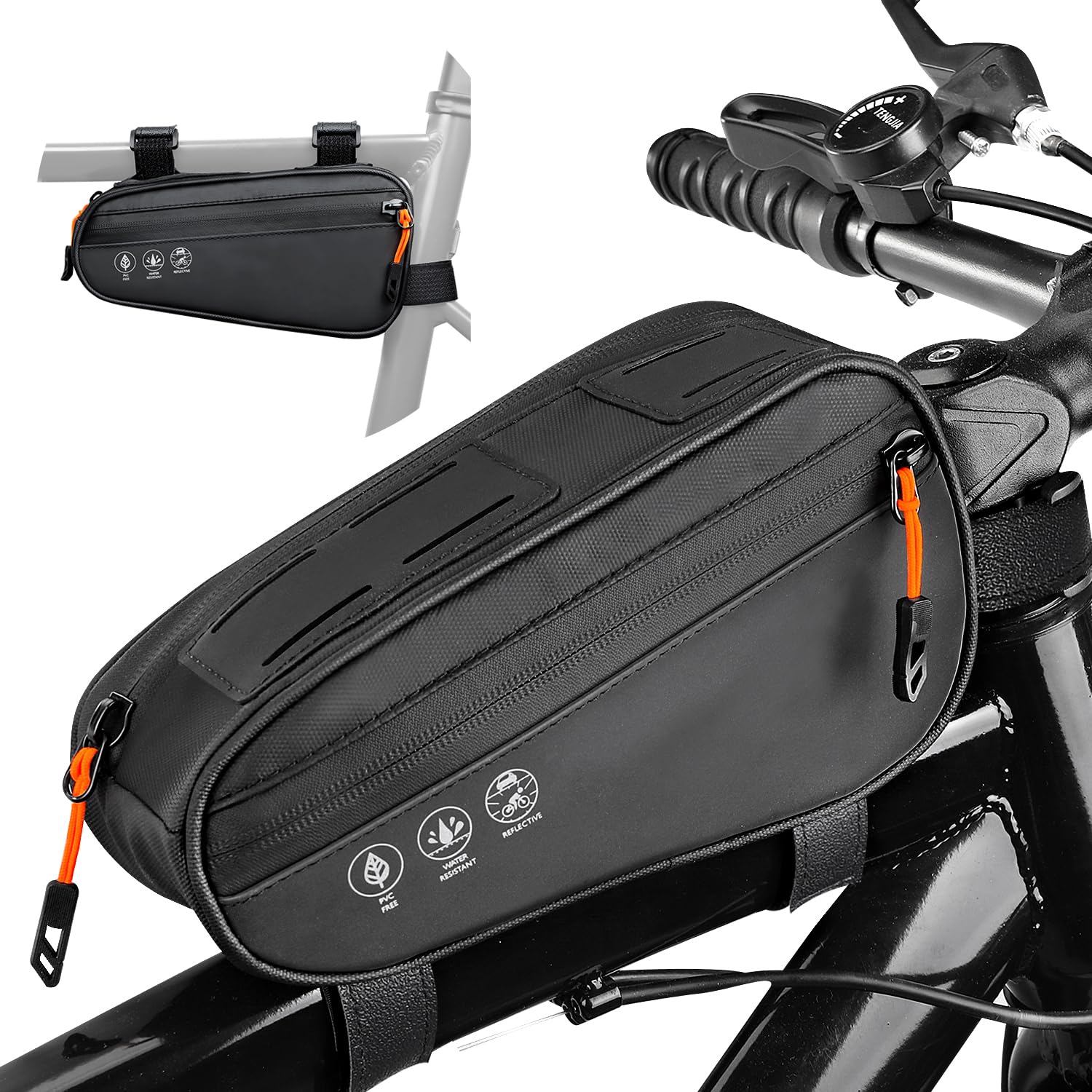 Eyein Bike Frame Bag, Waterproof Reflective Bike Triangle Bag with Two Side Pockets, Bicycle Top Tube Storage Pouch for Phone Cash, Repair Tool, Mini Pump Outdoor Riding MTB Road