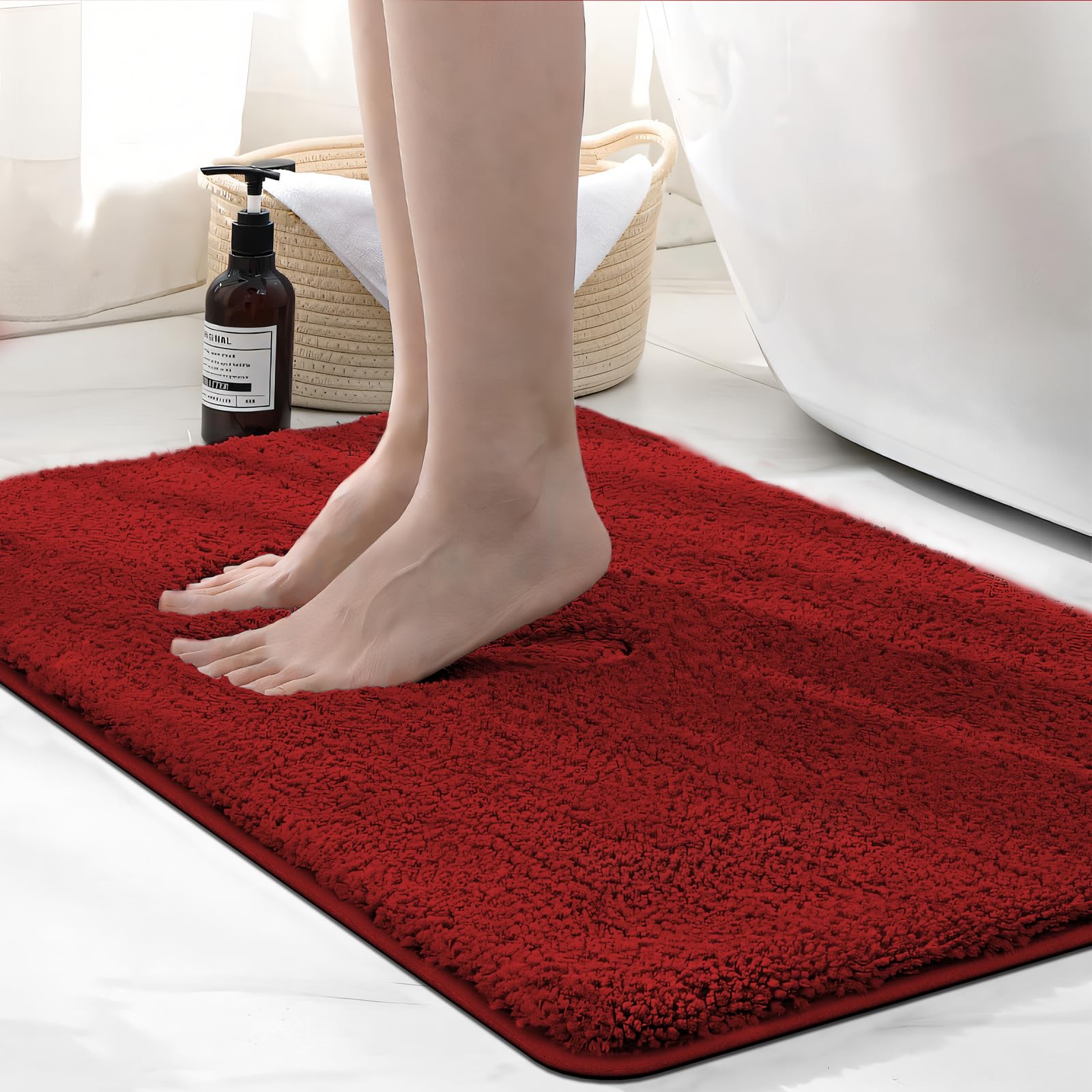 wyewye Microfibre Bath Mat, 2cm Super Thick Bath Rug, Super Absorbent Bathroom Rug 50x80cm Red