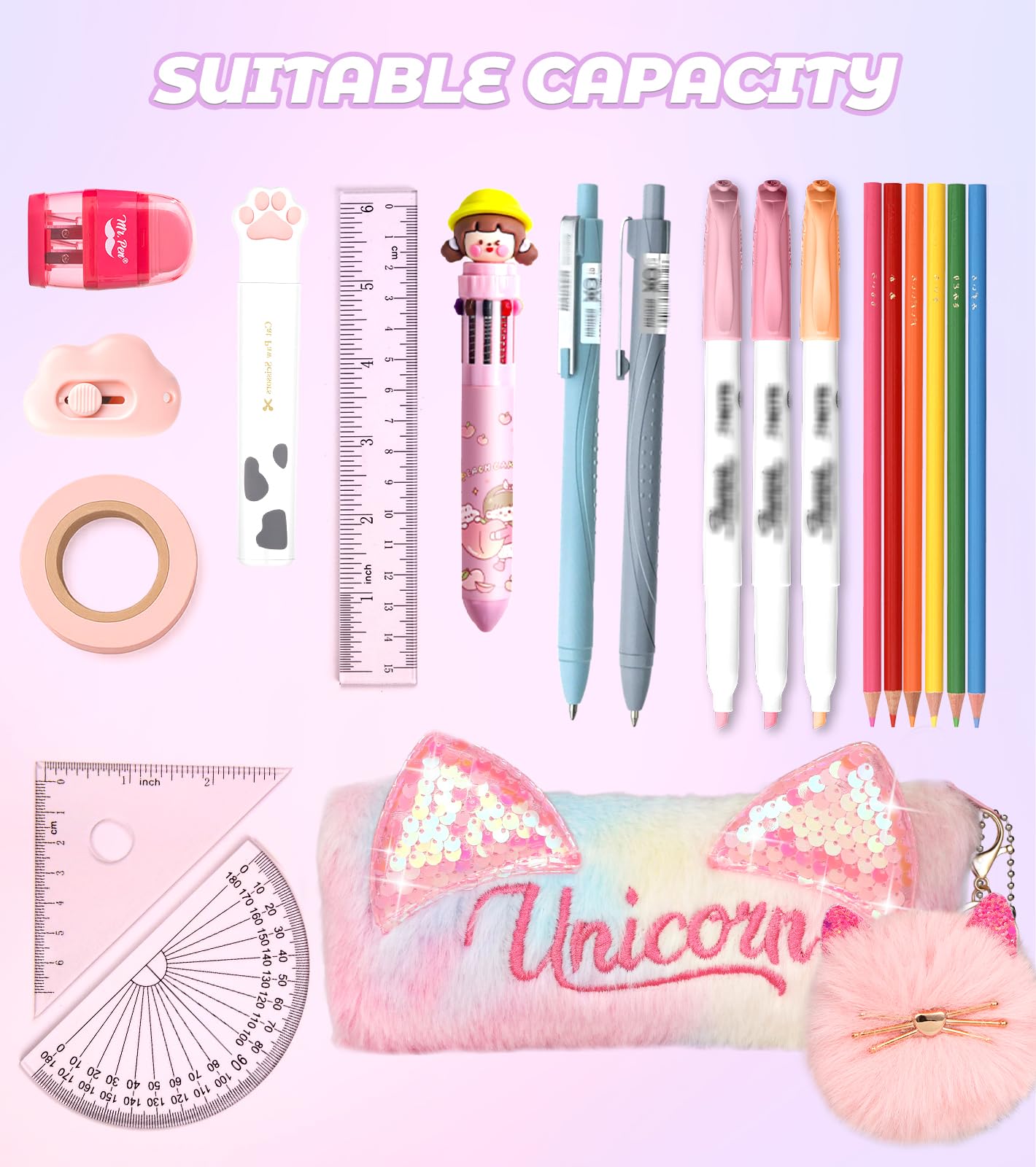 Cute Pencil Case for Girls - Back to School Stuff Zipper Pencil Case Aesthetic, Soft Plush Pen Bag for Students, Glitter Bling Study Supplies Stationery, Sparkly Cat Ear Sequin Makeup Bag