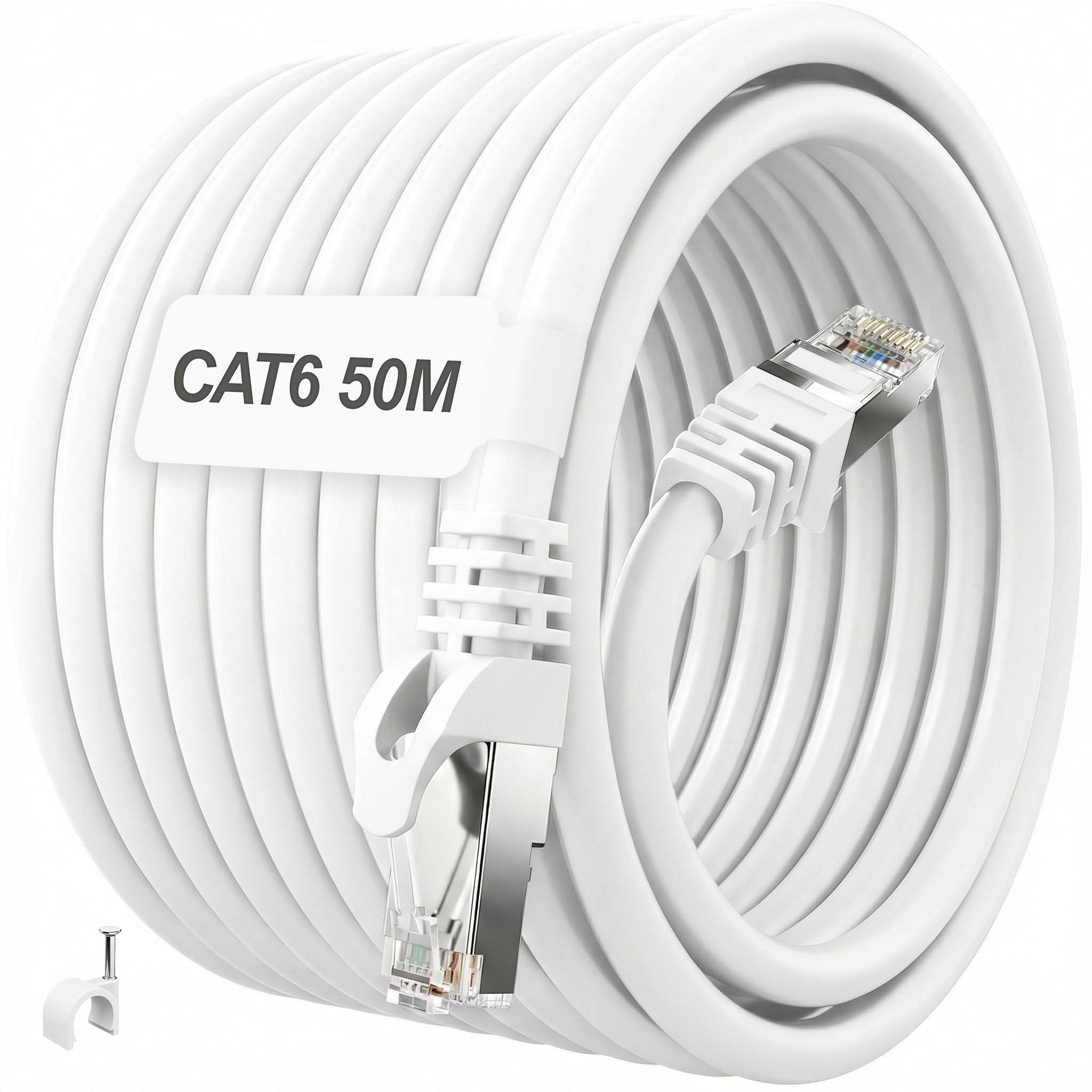 ikbc Ethernet Cable 50m, Cat 6 RJ45 Cable 50m Outdoor Shielded, FTP 23AWG Gigabit Lan Cable for Network Extension, High Speed Internet Cable White for Router Modem PS5/4 (50 Clips)