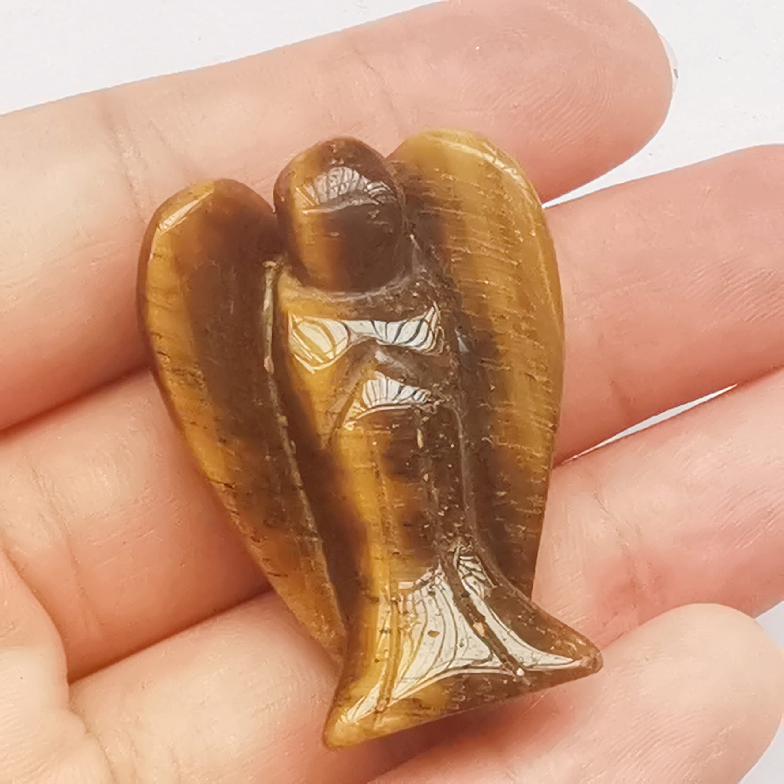 Manekieko Natural Tiger's Eye Healing Crystal Prayer Guardian Angel Statue,38mm Carving Pocket Palm Stone Figurines Decoration
