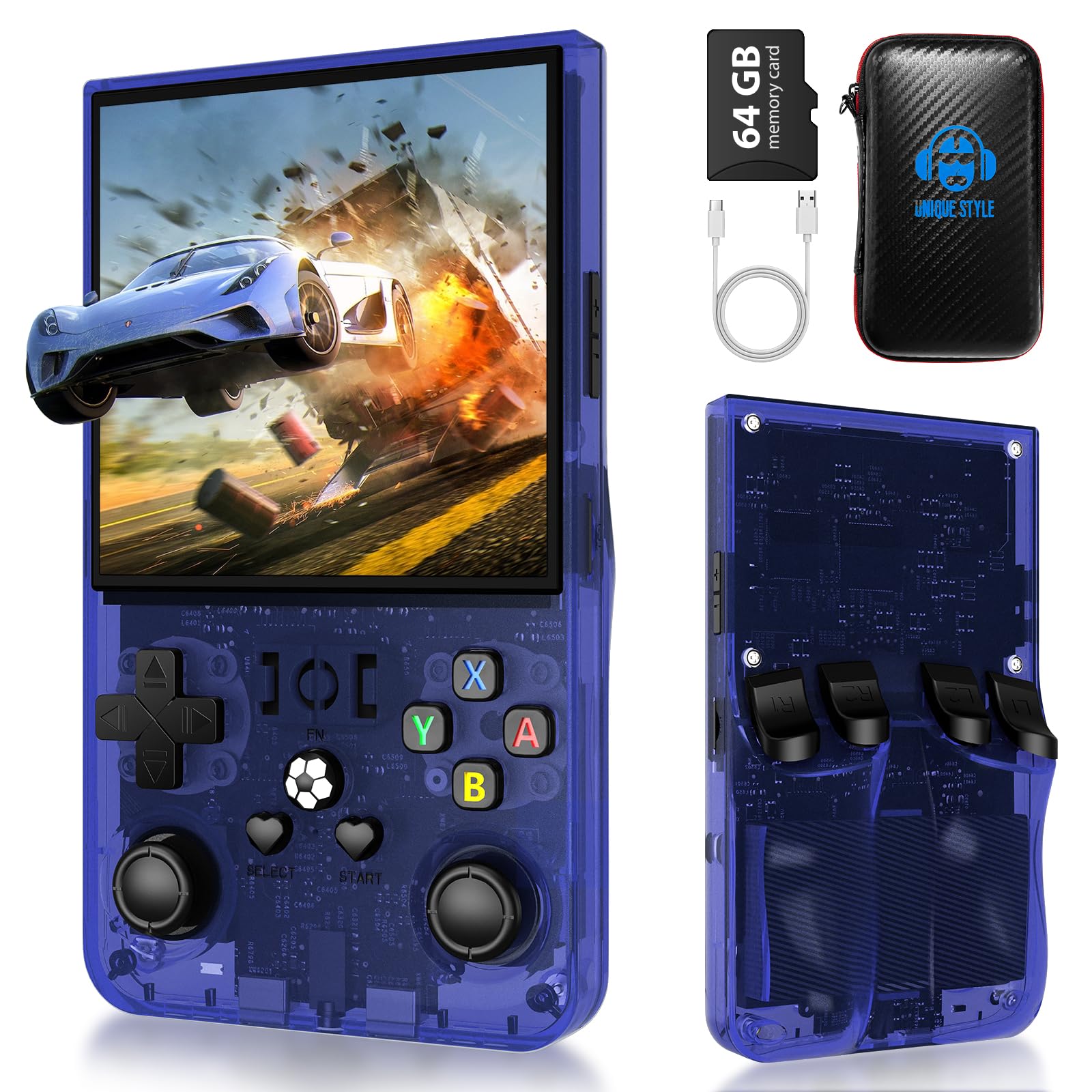 Photo 1 of R36 Max Retro Gaming Console, Retro Handheld Console 4.0'' Screen Linux System, 64G TF Card, 4000mAh Rechargeable Portable Pocket Arcade, Transparent Blue