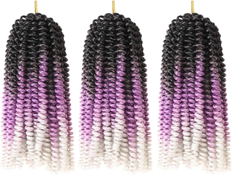 Spring Twist Hair Ombre Colors 3 Packs Synthetic Braiding Hair Extensions 8 inch fashion Crochet Braids (Black purple grey)