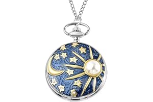 SHOP LC DELIVERING JOY Strada White Crystal Japanese Movement Carving Moon & Star Pattern Pocket Watch with Chain in Silvertone 31 Inches Birthday Gifts