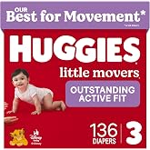 Huggies Little Movers Diapers Size 3, 136 Count | Double Grip Strips, Blowout Protection, Secure Flexible Fit, Up to 12-Hour Protection, Dry Touch Liner, Wetness Indicator