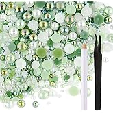 ASTARON 50g Mix Flatback Rhinestones Half Pearls for Crafts Mixed Size 3mm-10mm Flat Back Rhinestones for Crafts Flatback Pearls for DIY Tumblers Mugs Nail Art Shoes Clothes (Fresh Green Series)