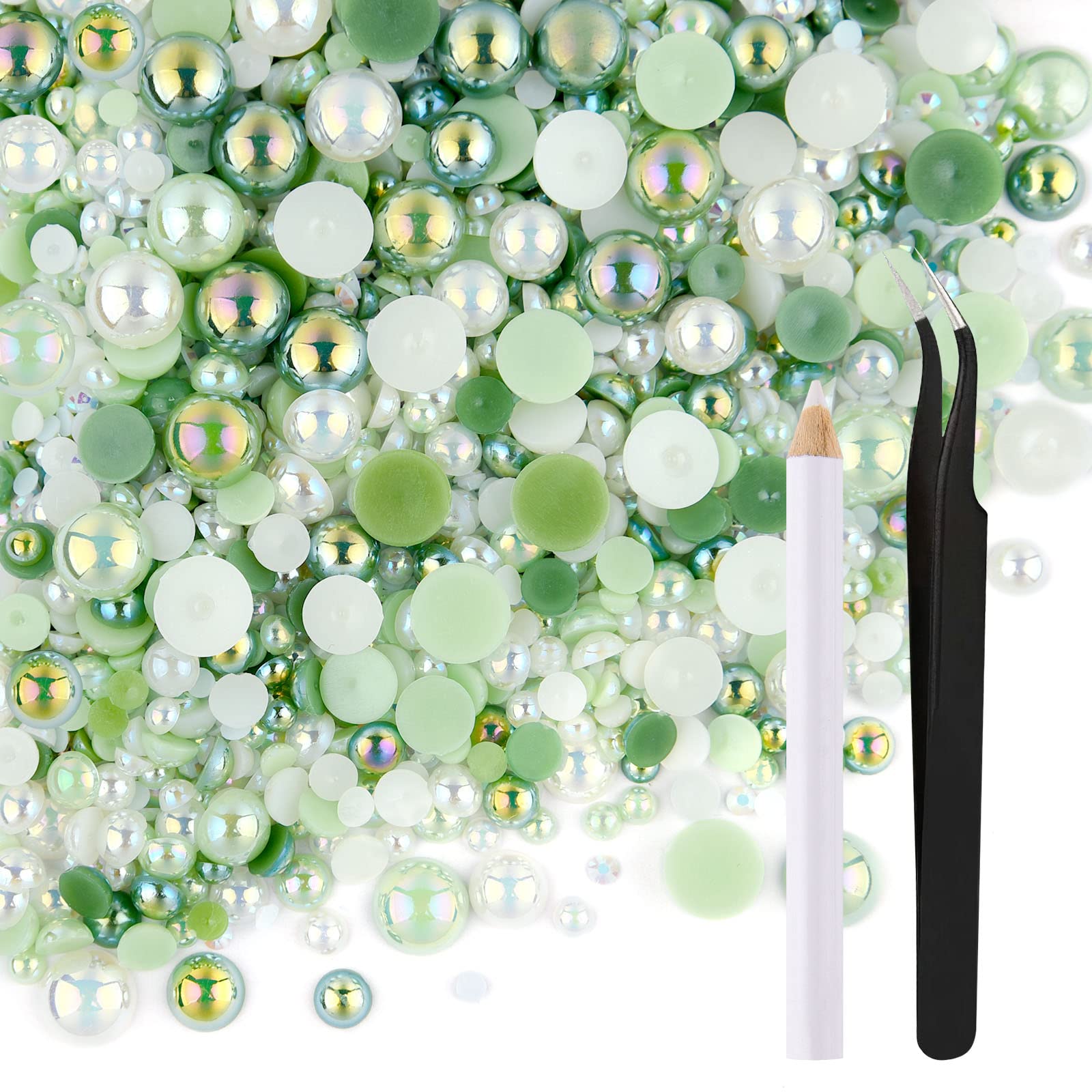 ASTARON 50g Mix Flatback Rhinestones Half Pearls for Crafts Mixed Size 3mm-10mm Flat Back Rhinestones for Crafts Flatback Pearls for DIY Tumblers Mugs Nail Art Shoes Clothes (Fresh Green Series)