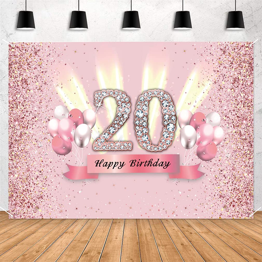 20th Birthday Backdrop for Girls, 20th Anniversary Fabric Sign Poster, 20th Birthday Party Background Banner, Birthday Decoration Glitter Pink
