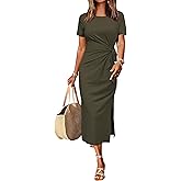 Newshows Women 2025 Summer Casual Dress Tie Waist T Shirt Short Sleeve Beach Crew Neck Slit Maxi Trendy