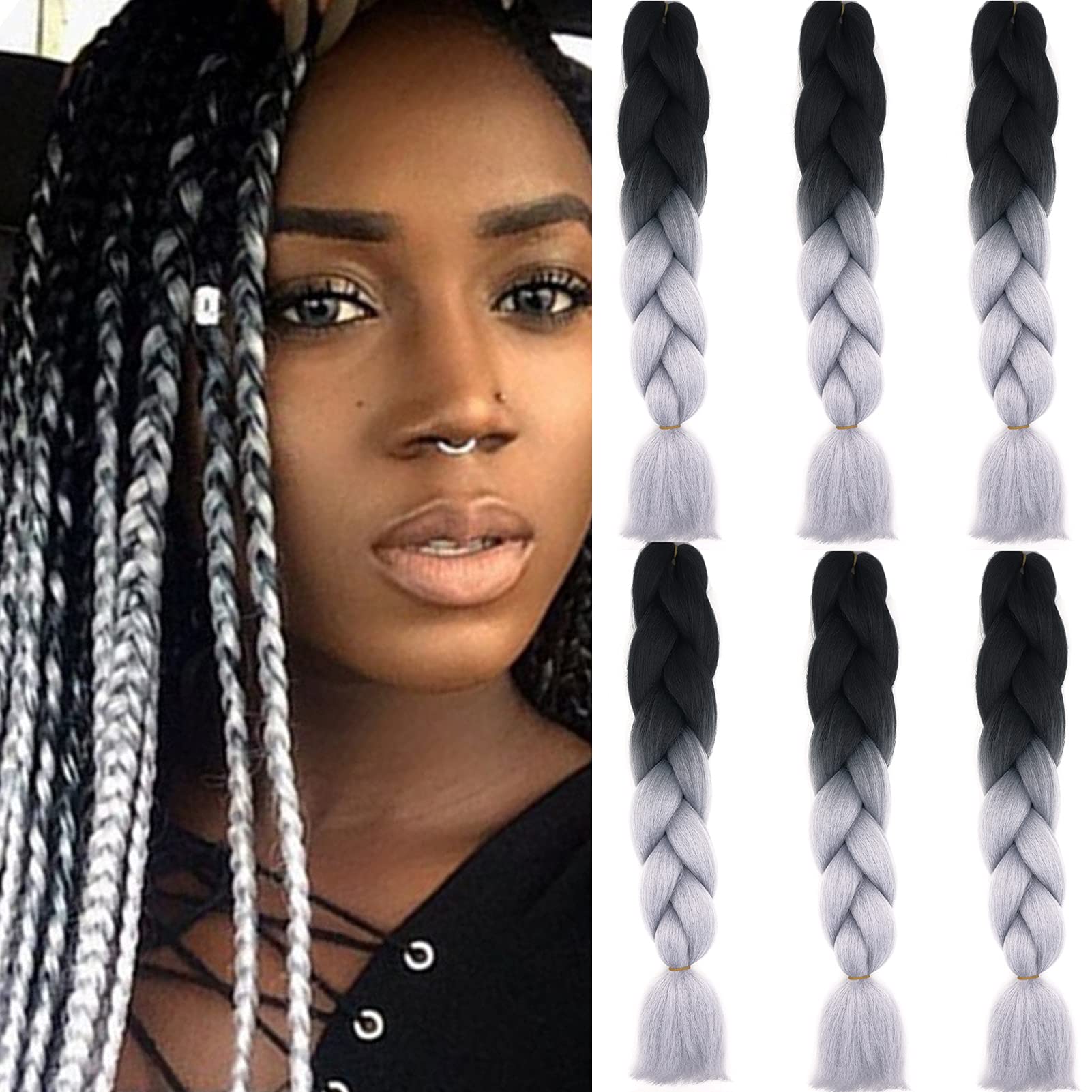 Cybelleza 6 Pcs /600g 24" Braiding Hair Extensions Jumbo Braids Synthetic Crochet Hair Afro Box Braid Heat Resistent (Black&Silver Grey)