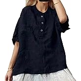 ACWUMU Women’s Casual Spring Summer Tops Button Front Short Sleeve Crewneck Casual Loose Cotton Linen Shirt Blouse