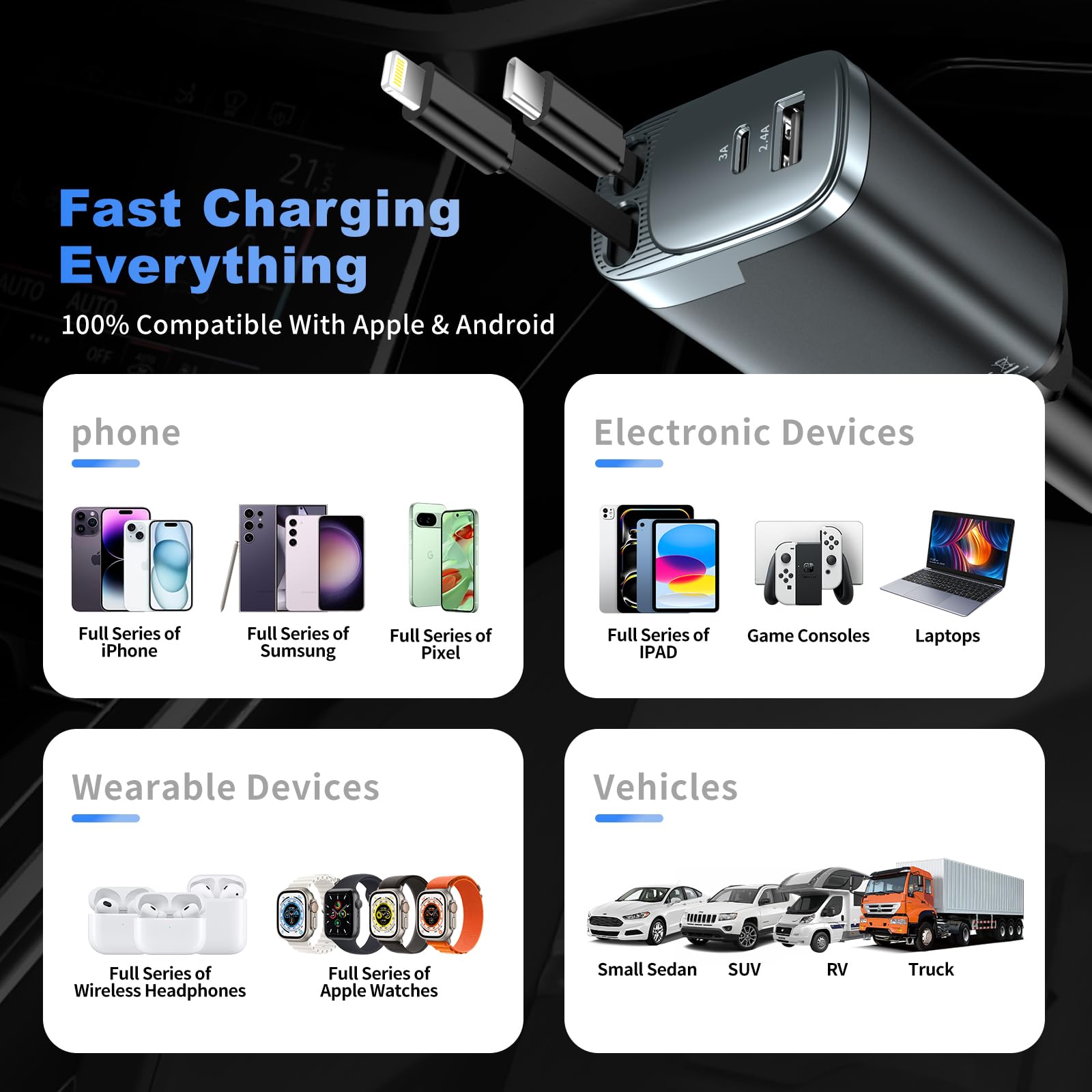 Retractable Car Charger, 84W Car Charger USB C 4 in 1, Car Accessories Fast Charging Car Charger Adapter for iPhone 17 16 15 14 13 12 Pro Max, Samsung, Pixel | Travel Essentials Gifts for Men Women