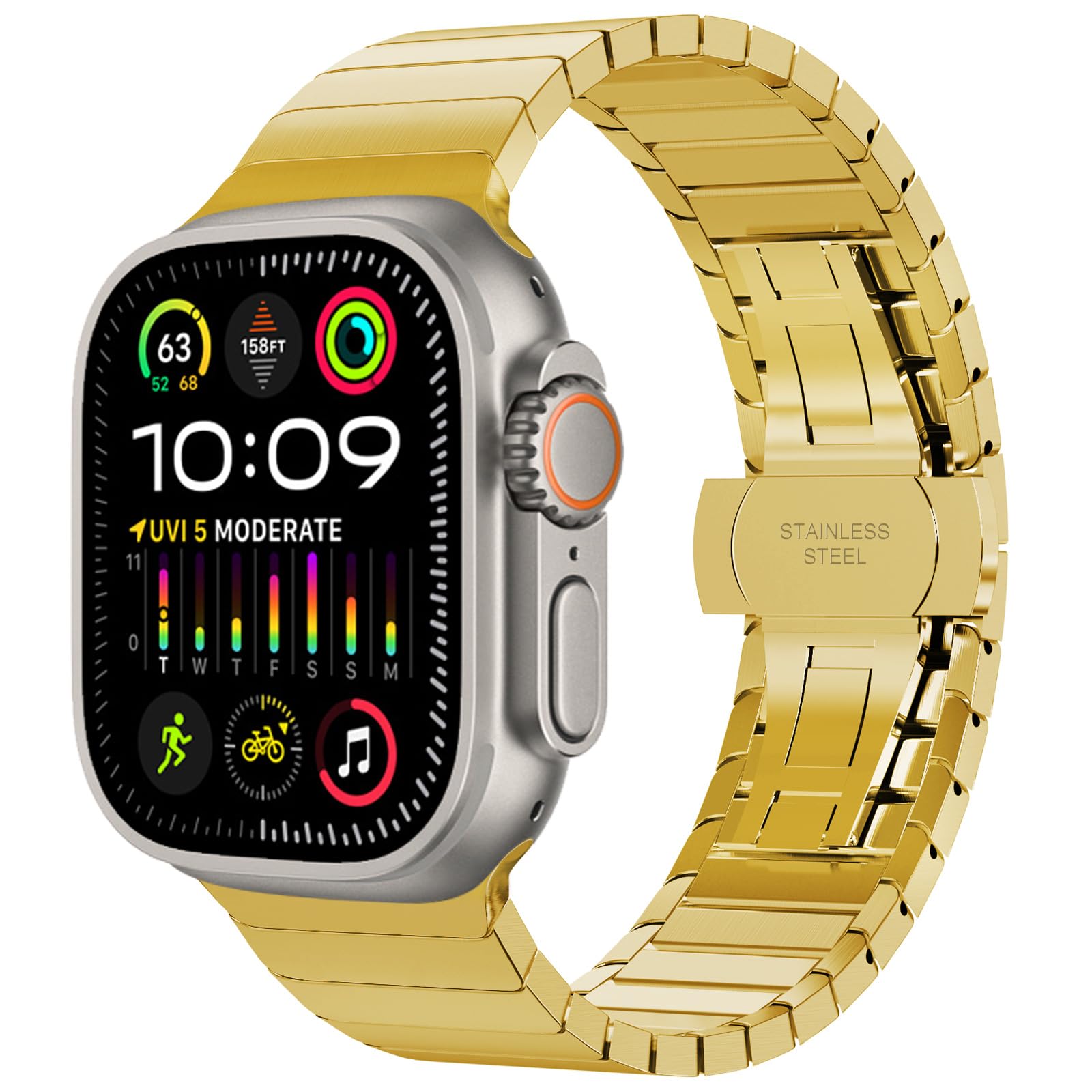 Fullife Metal Strap Compatible with Apple Watch Straps 49mm 46mm 45mm 44mm 42mm(Series 3 2 1),Stainless Steel Replacement Band for iWatch Ultra 3 2 1 Series 11/10/9/8/7/6/5/4/3/2/1/SE,Gold