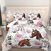 Nttopship Horse and Flower Comforter Set for Girls Kids Horse and Floral 3 Piece Bedding Set Twin Floral Lightweight Comforter Down Alternative with 2 Pillowcases All Seasons