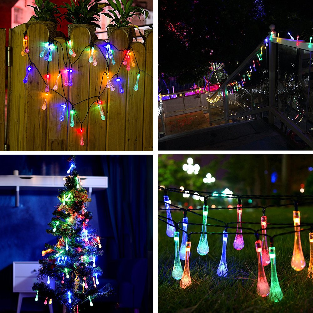 Solar String Lights,30 LED Christmas lights water drop, waterproof solar powered fairy lights garden decrotion,8 Modes twinkling outdoor or indoor lights (Colorful)