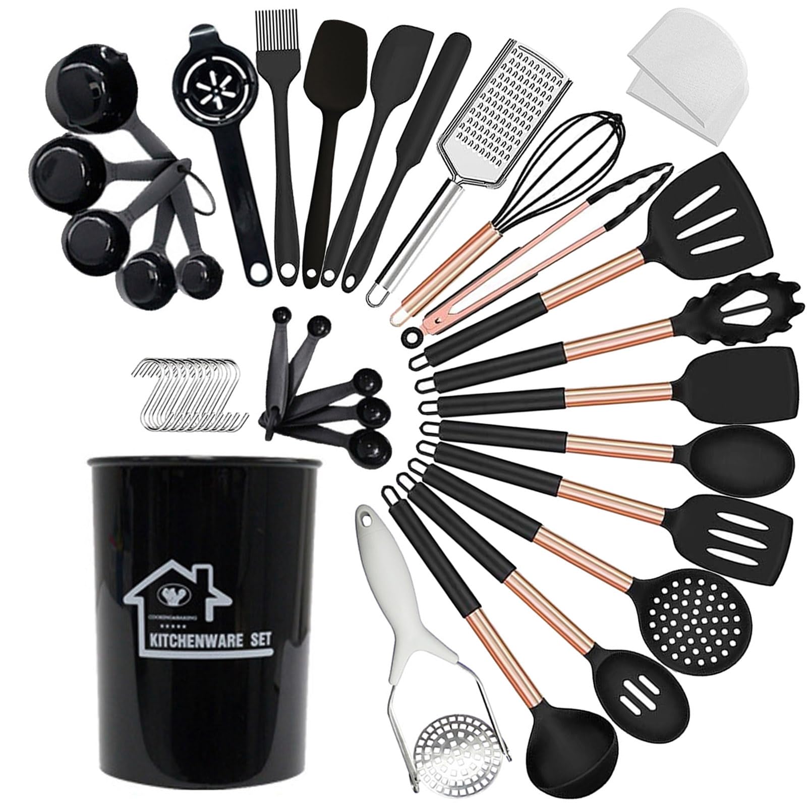 UXIYI Silicone Kitchen Utensils Set, Black Cooking Utensil Set, Spatula Set with Rose Gold Stainless Steel Handle, Kitchen Accessories, 40PCS
