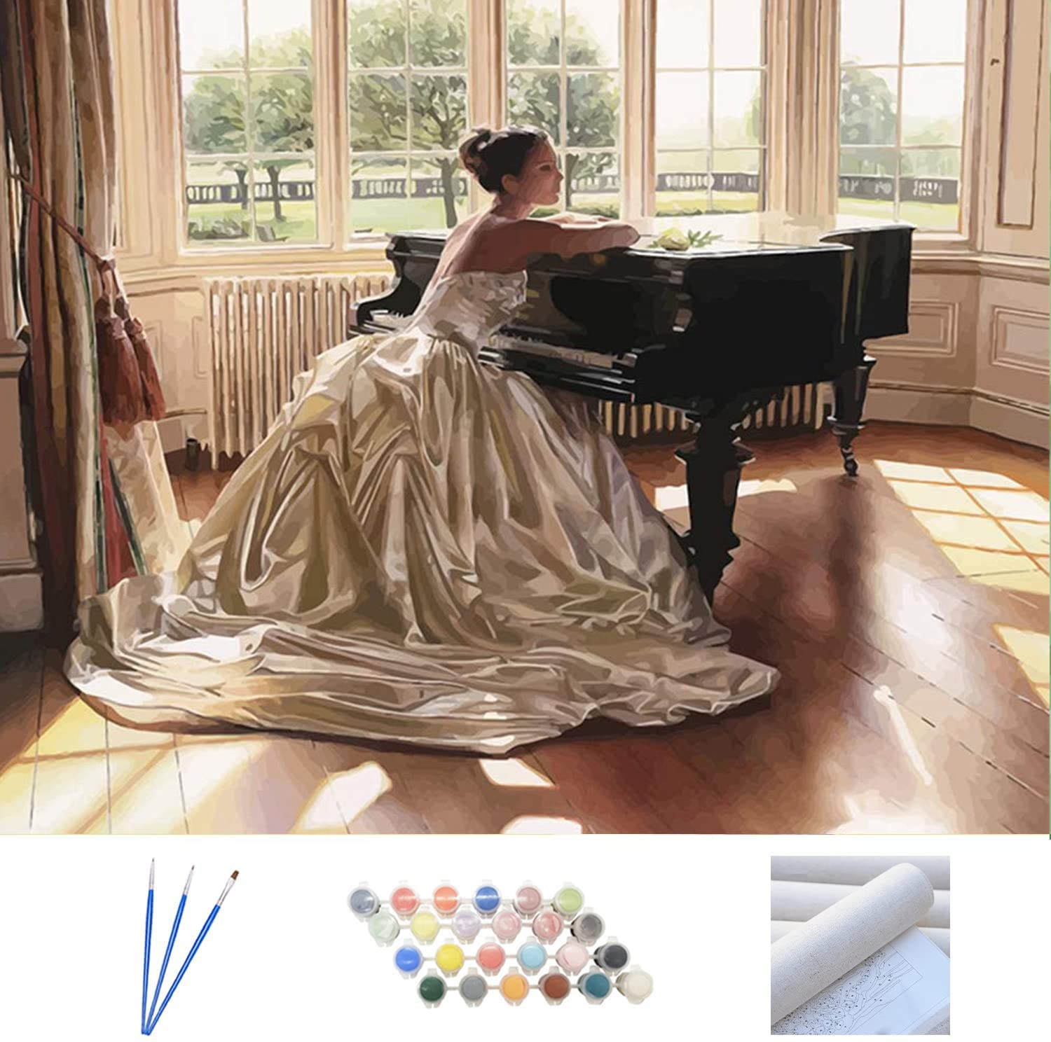 ABEUTY DIY Fabric Decorating Kits, Paint by Numbers Woman Play Piano Musical Instrument 16x20 inches Number Painting Wall Art (Girl, No Frame)