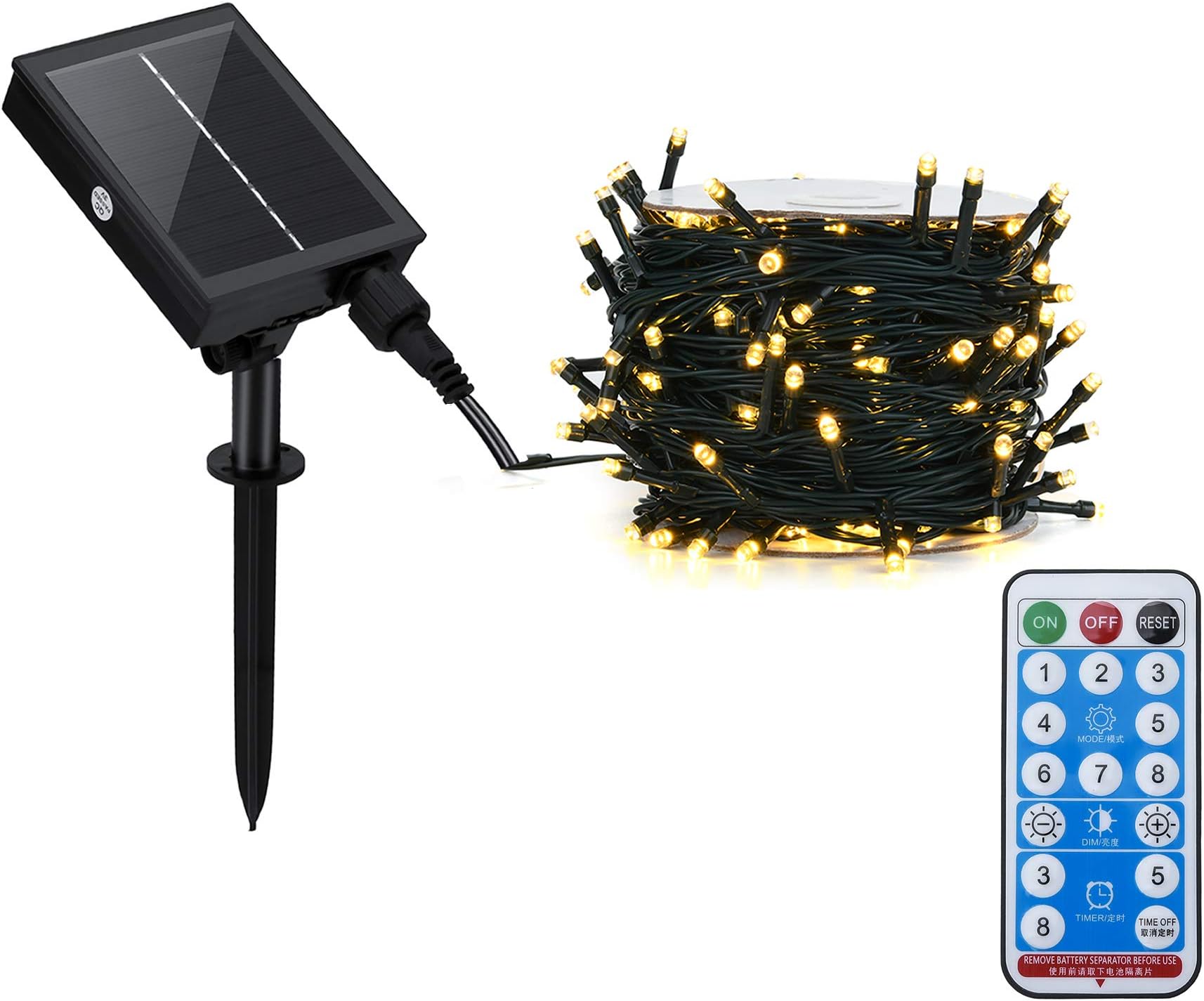 Solar Powered Remote Control Outdoor String Lights with 8 Light Effects, 200 LED 23M Warm White Fairy Light Ideal for Christmas, Halloween, Home, Tree, Garden Decorative
