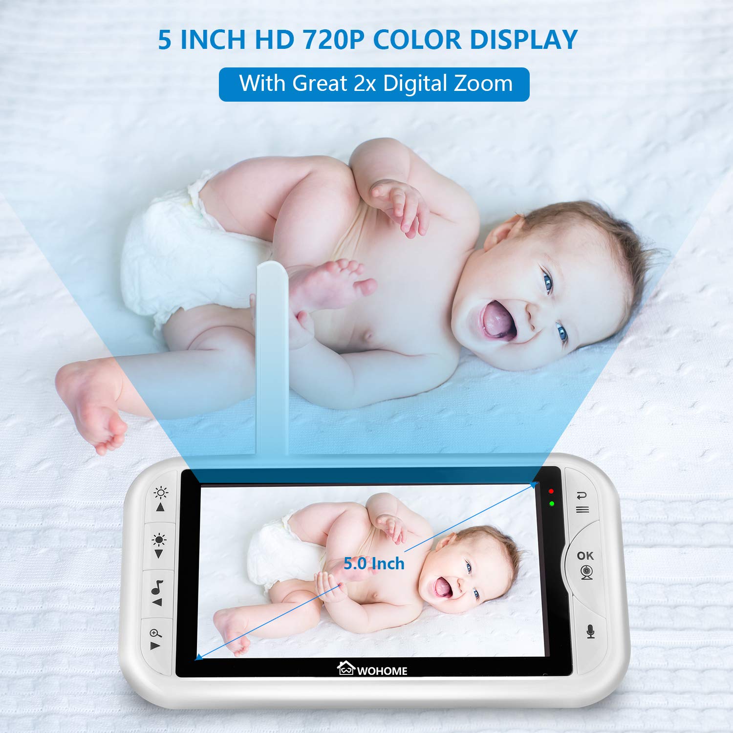 Wohome LY-129 Video Baby Monitor with Camera and Audio, Remote Pan, Tilt, One-click Zoom, 720 HD 5"Display, 2-Way Talk, 900ft Range, Tem/sound alert, Night Vision, Thermal Monitor and Wall Mount kit : Baby