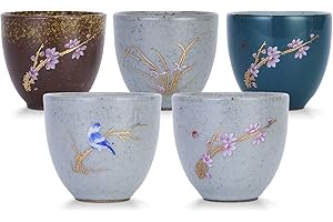 VanEnjoy Set of 5 Hand-Drawn Traditional Chinese Ceramic Teacup Tea Cups, Floral and Bird Pattern, Bulk Teacup in Gift Box (F