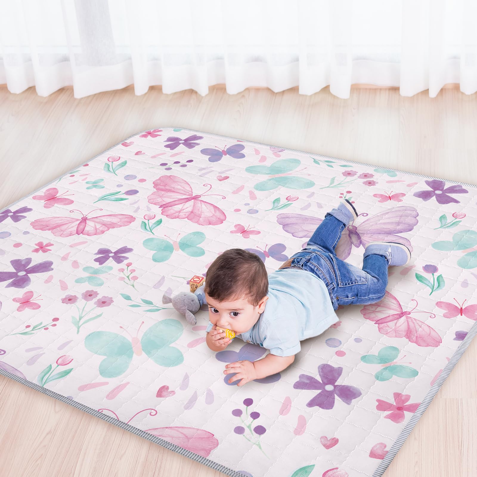 Funtery 43 x 43 Inch Boho Baby Play Mat Portable Crawling Washable Foldable Tummy Time Non Slip Baby Floor Large Playpen Mat for Infants Toddlers Floor Playpen Activity(Butterfly)
