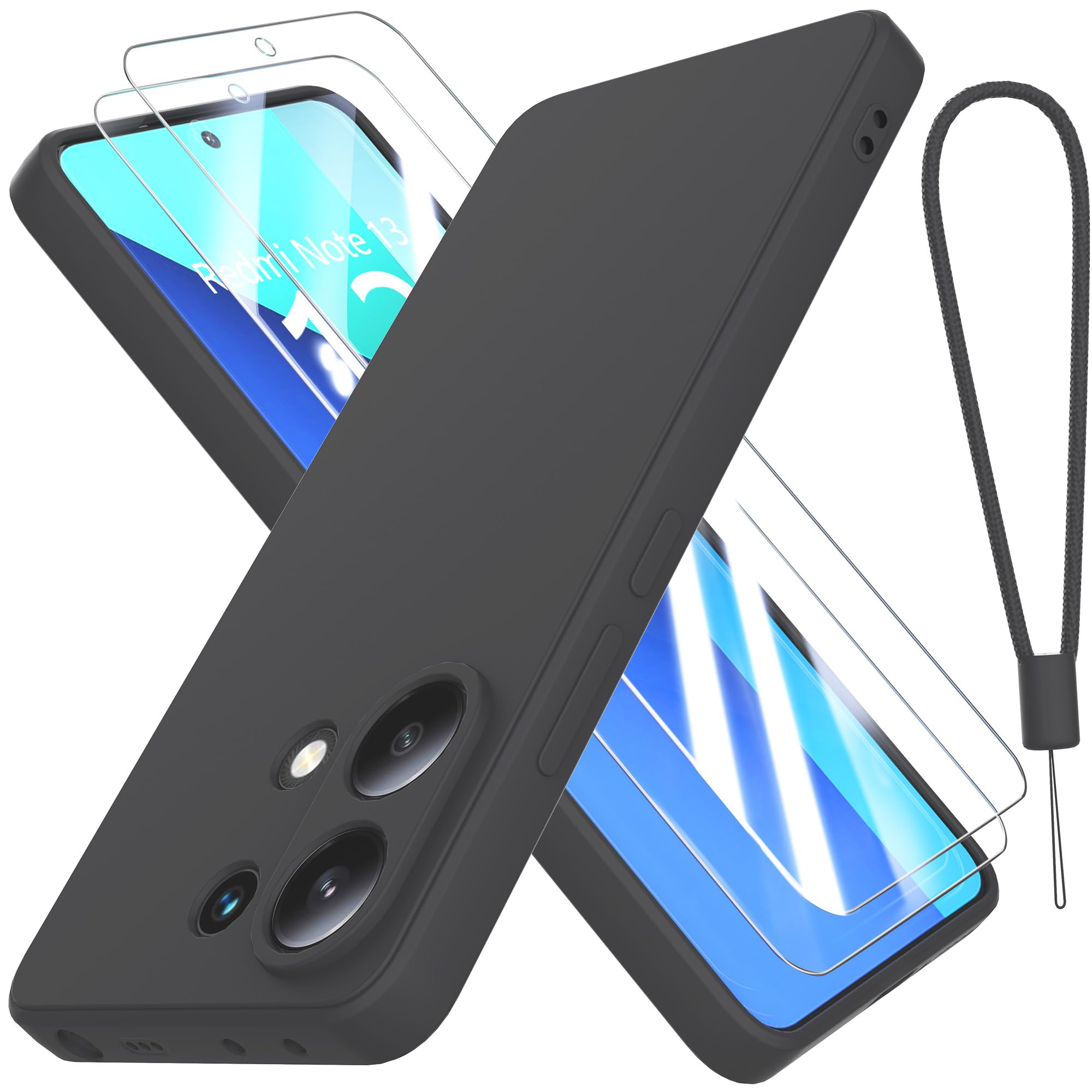 THIYUFUNS Case for Xiaomi Redmi Note 13 4G with 2 Tempered Glass Screen Protector, Redmi Note 13 Case Silicone Slim Fit Shockproof Anti-Scratch Compatible with Xiaomi Redmi Note 13 4G - Black — image 1