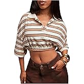 SweatyRocks Women's Striped Collared Crop T Shirts Casual Short Sleeve Loose Cropped Tops Streetwear