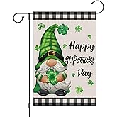 Wodison Happy St Patricks Day Garden Flag 12x18 Inch Double Sided Burlap Outside, Gnome Lucky Shamrocks Clovers Buffalo Plaid Holiday Yard Outdoor Decoration