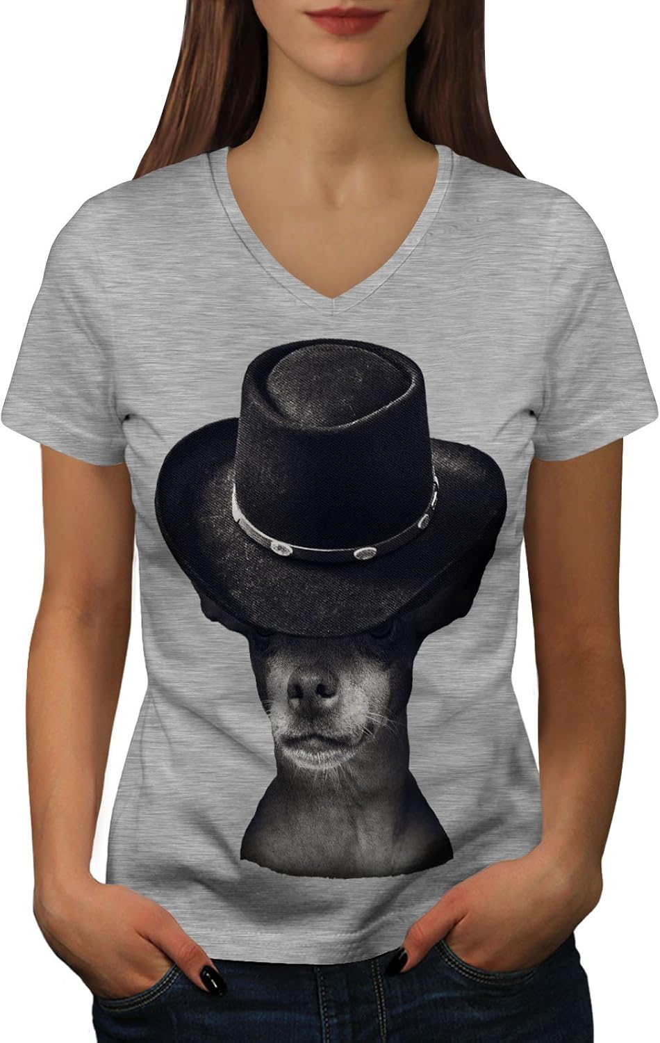 wellcoda mysteriös Hund Hut Komisch Frau VAusschnitt TShirt Tier