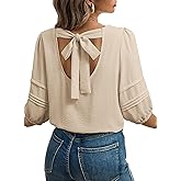 Dokotoo Blouses for Women Dressy Casual Crewneck 3/4 Length Sleeve Womens Tops Loose Business Work Shirts