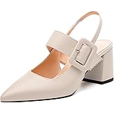 RLYGHWAO Women's Slingback Pumps, Pointed Toe Mid Heels, Adjustable Buckle Fashion Solid Color Chunky Heel Shoes for Women