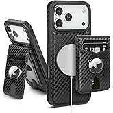 SkyEagle Compatible with MagSafe iPhone 17 Pro Max Case Wallet with AirTag Holder,2 in 1 PU Leather Magnetic Detachable RFID Blocking Credit Card Holder Flip Cover Kickstand for Men Women,Carbon Black