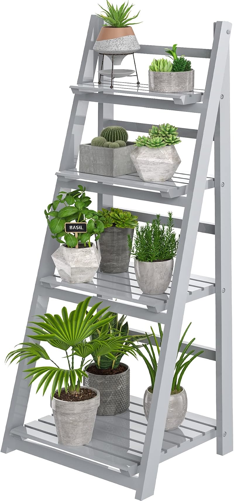 HOMIDEC 4-Tier Wooden Ladder Plant Stand Foldable Grey