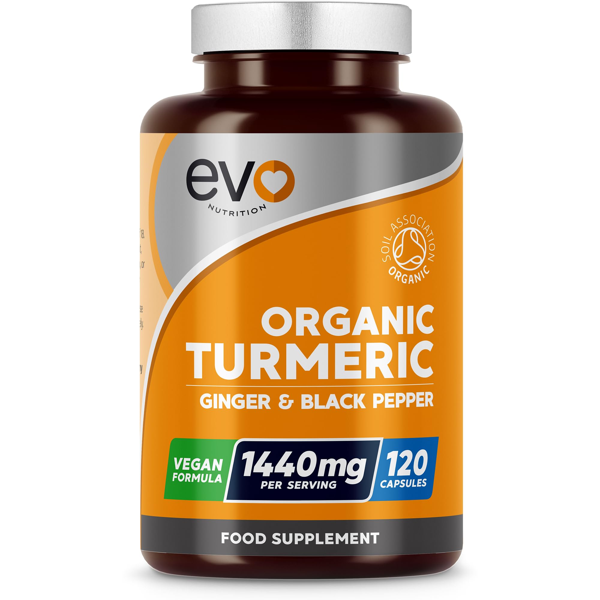 EVO NUTRITION Organic Turmeric with Active Curcumin 1440mg | 120 High Strength Capsules (not Tablets) | with Black Pepper & Ginger | Vegan Supplement | Soil Association Certified | Made in the UK