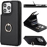 Folosu Compatible with iPhone 15 Pro Max Case Wallet with Card Holder, 360°Rotation Finger Ring Holder Kickstand, RFID Blocking Leather Protective Double Buttons Shockproof Cover 6.7 Inch Black