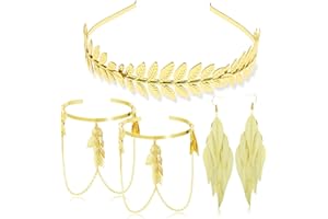RechicGu 4 Pieces Grecian Goddess Leaf Laurel Costume Accessories Set Roman Toga Party Headband Upper Arm cuff Bracelet Band Earrings Jewelry Women