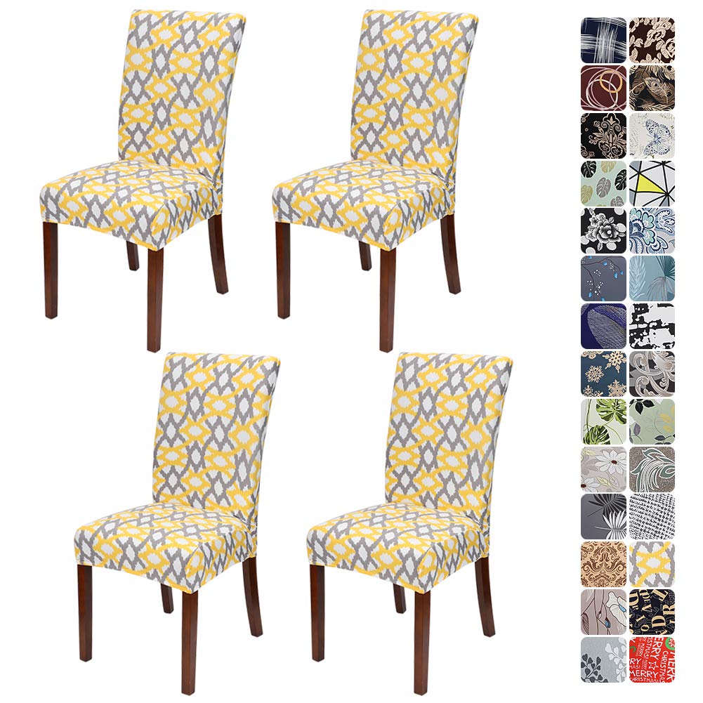 JOTOM Stretch Modern Dining Chair Covers Chair Protector Removable Soft Spandex Dining Chair Slipcovers for Hotel Party Wedding Dining Room Kitchen (Yellow Grey Geometry, Pack of 4)