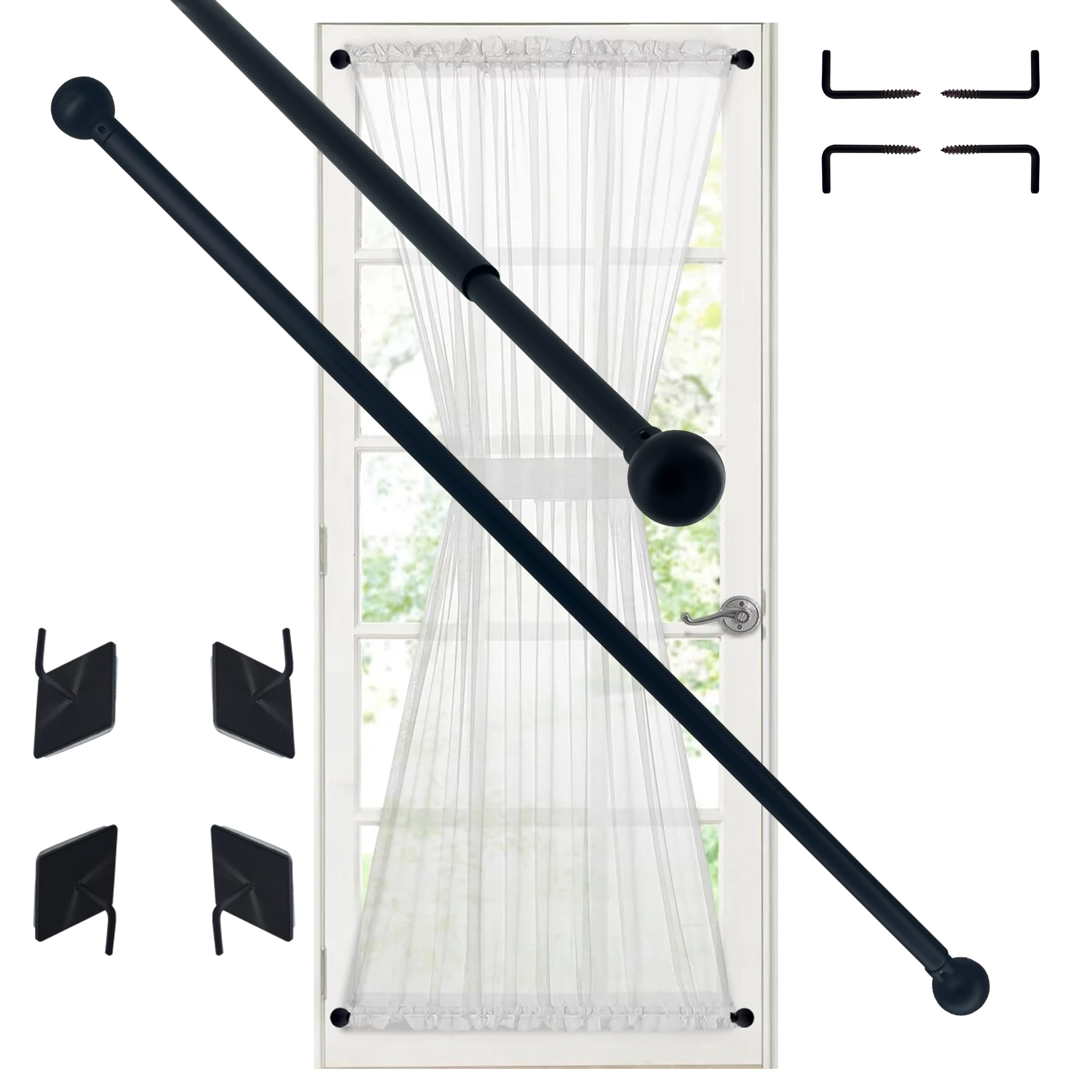 Photo 1 of Sash Curtain Rod for French Doors, Kitchen Curtain & Small Window, 3/8 Inch Diameter, Adjustable 16-28", 2 Pack, Black