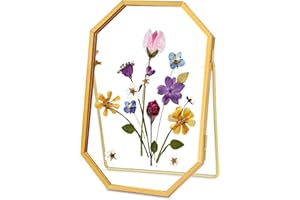 REDHUGO Glass Pressed Flower Frame Handmade, Metal Floating Picture Frame, Double Glass Frame for Pressed Flowers Tabletop Display Unique Brass Frame, Octagon, Gold, 4x6 inches (FRAME ONLY)