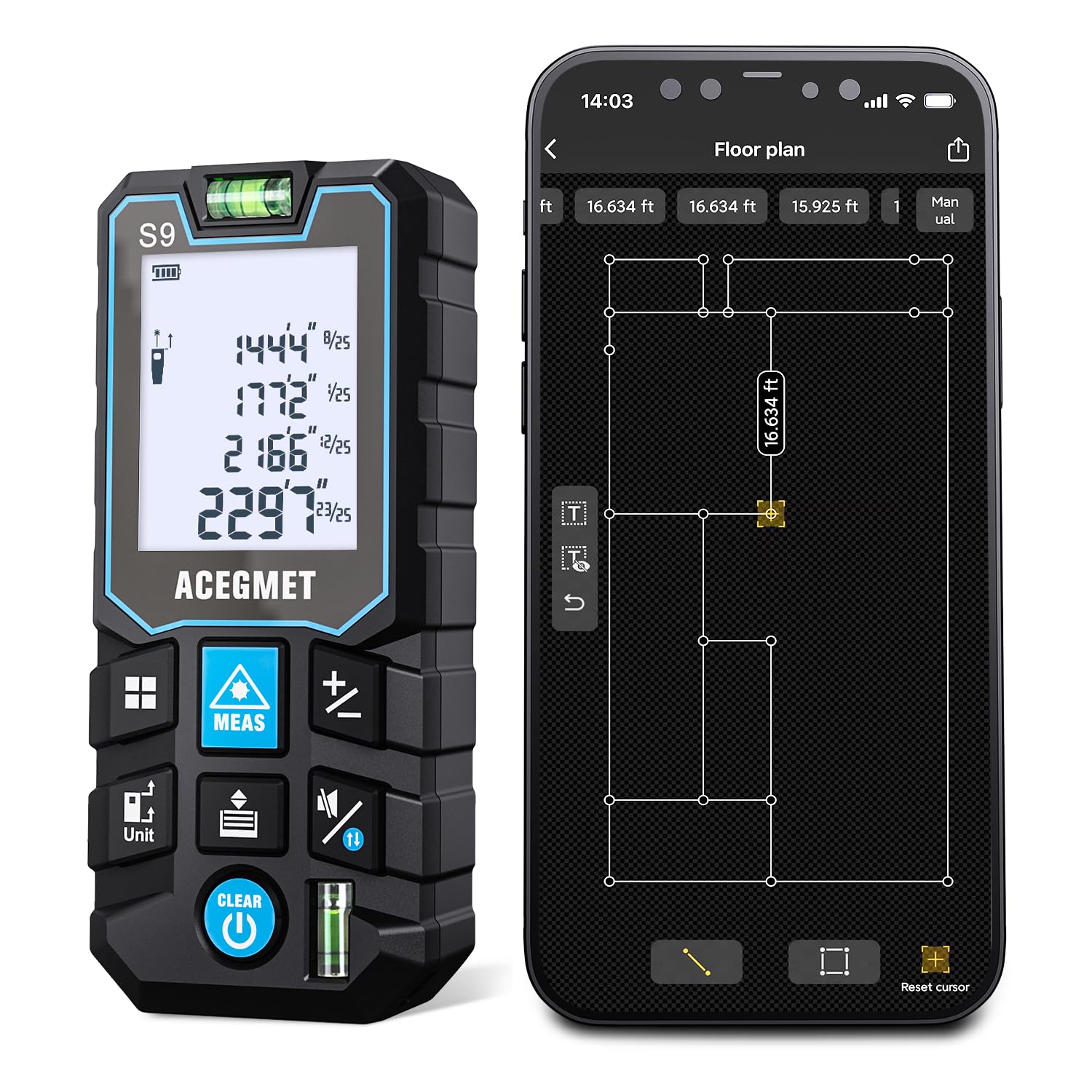 ACEGMET 70m Laser Measure with Phone App, Laser Measurement Tool, S9 Room Laser Measuring Tool with 2 Bubble Levels, LCD Backlit Display, IP54 Waterproof, Pythagorean Mode for Distance, Area, Volume
