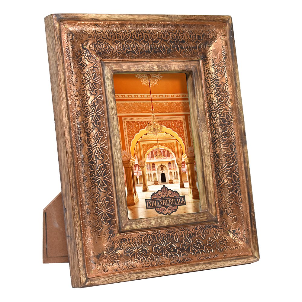 Indian Heritage Wooden Photo Frame 4x6 Mango Wood with Metal Cladding